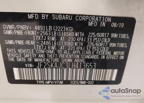 2020 Subaru Forester Premium z USA, uszkodzony, nr VIN JF2SKAJC3LH413653